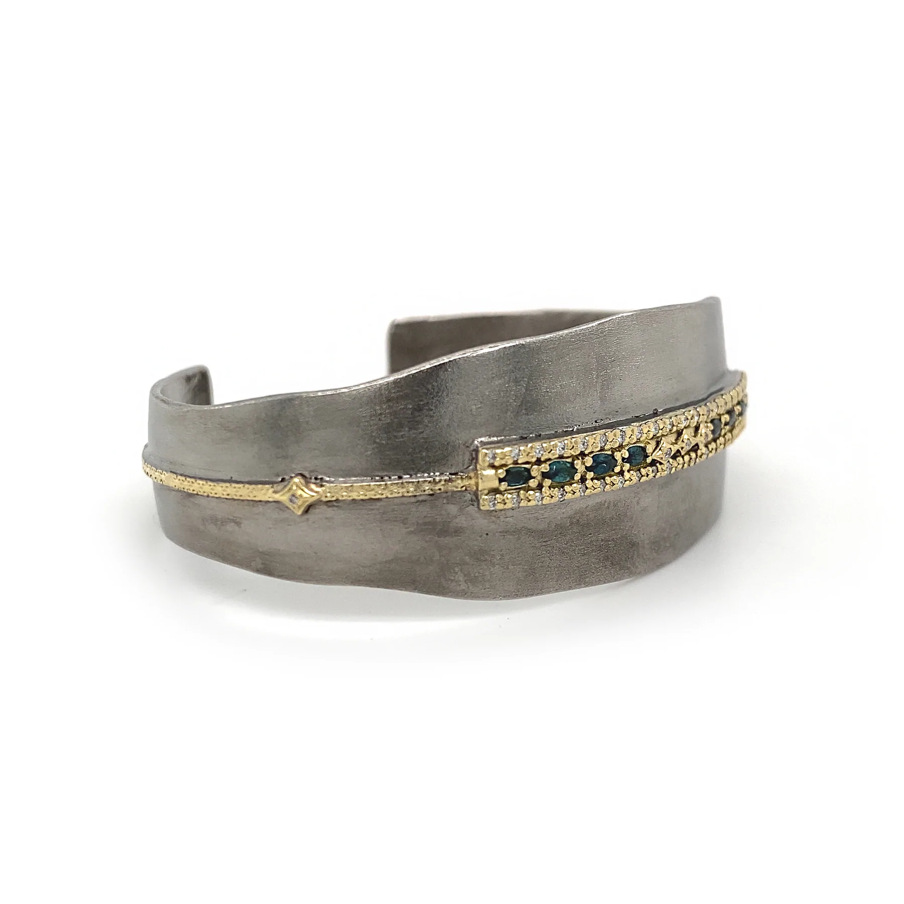 Sterling Silver Green Tourmaline Wide Cuff Bracelet, Sterling silver and 18k yellow gold', Long's Jewelers