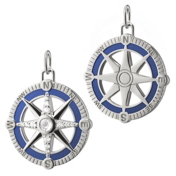 Sterling Silver Blue Enamel and White Sapphire Compass Charm