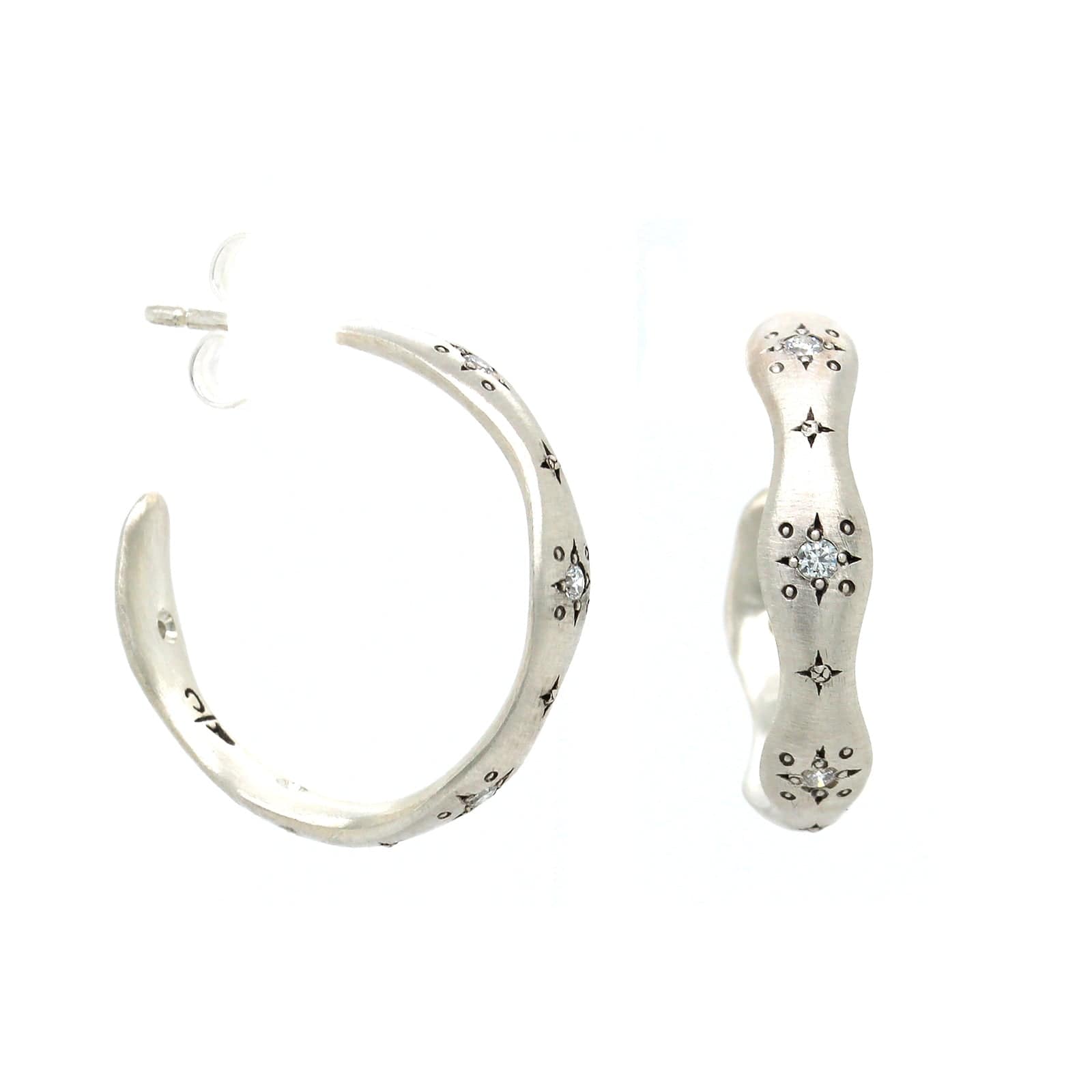 Sterling Silver Wavy Diamond Hoop Earrings