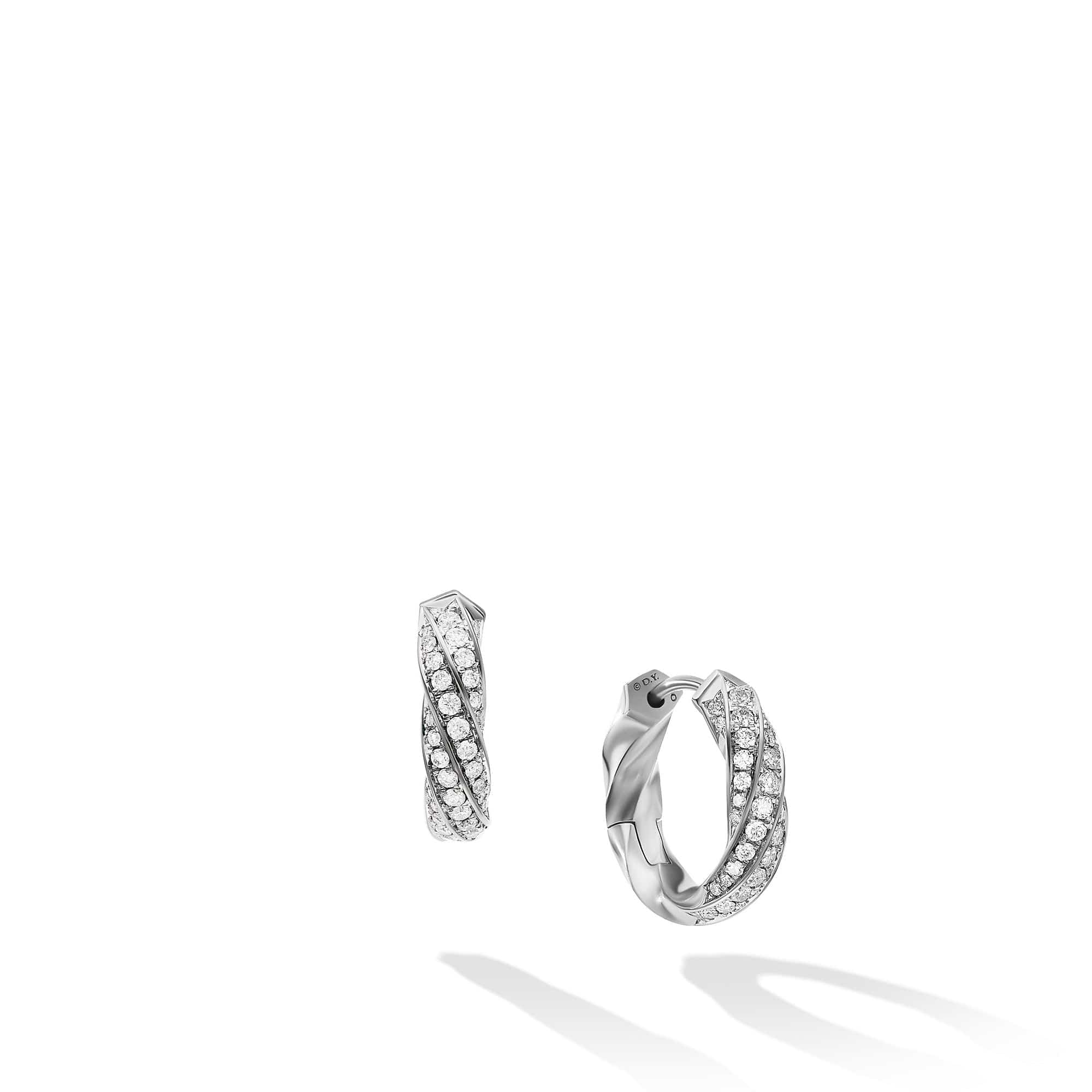 Cable Edge Huggie Hoop Earrings in Recycled Sterling Silver with Pavé Diamonds, Long's Jewelers