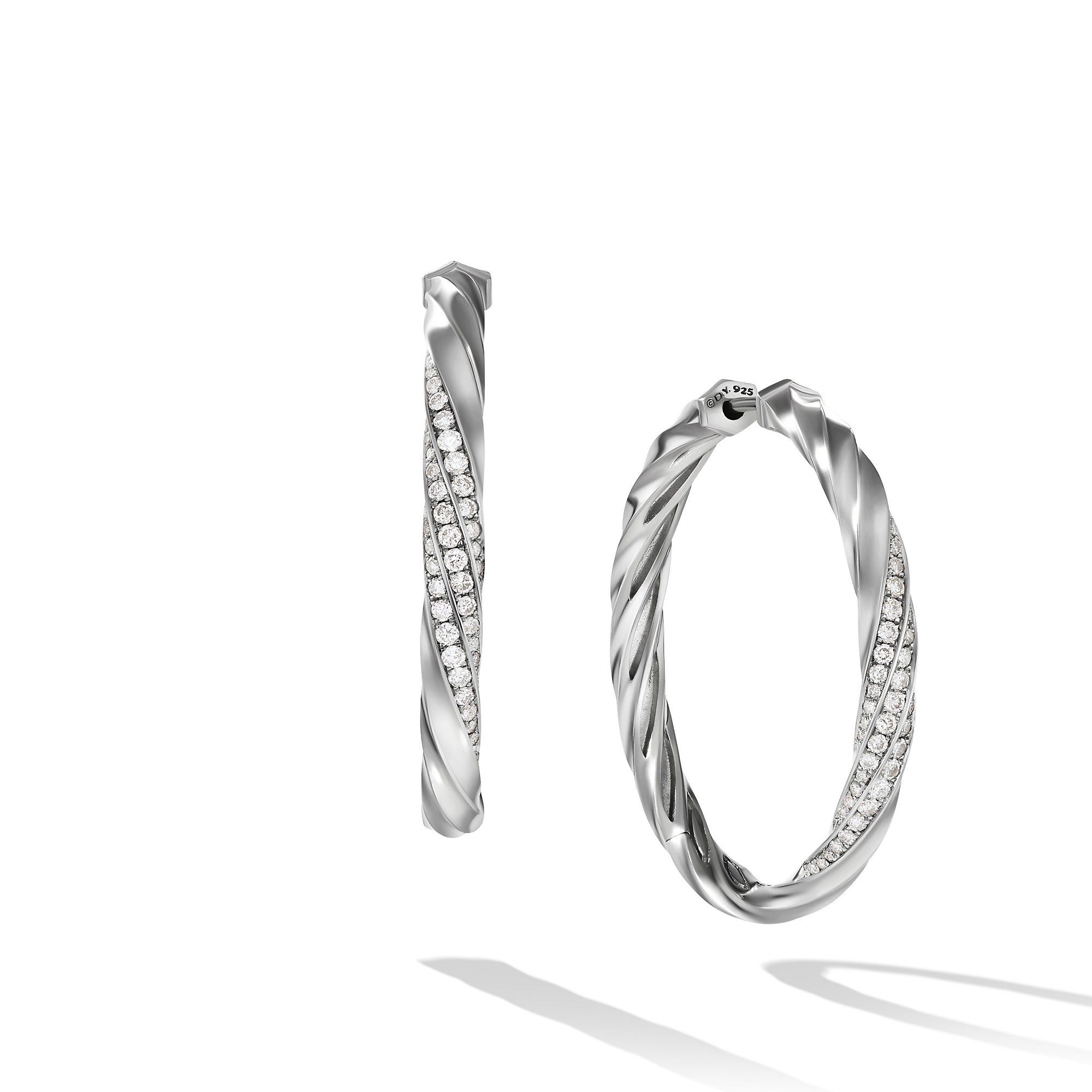 Cable Edge Hoop Earrings in Recycled Sterling Silver with Pavé Diamonds