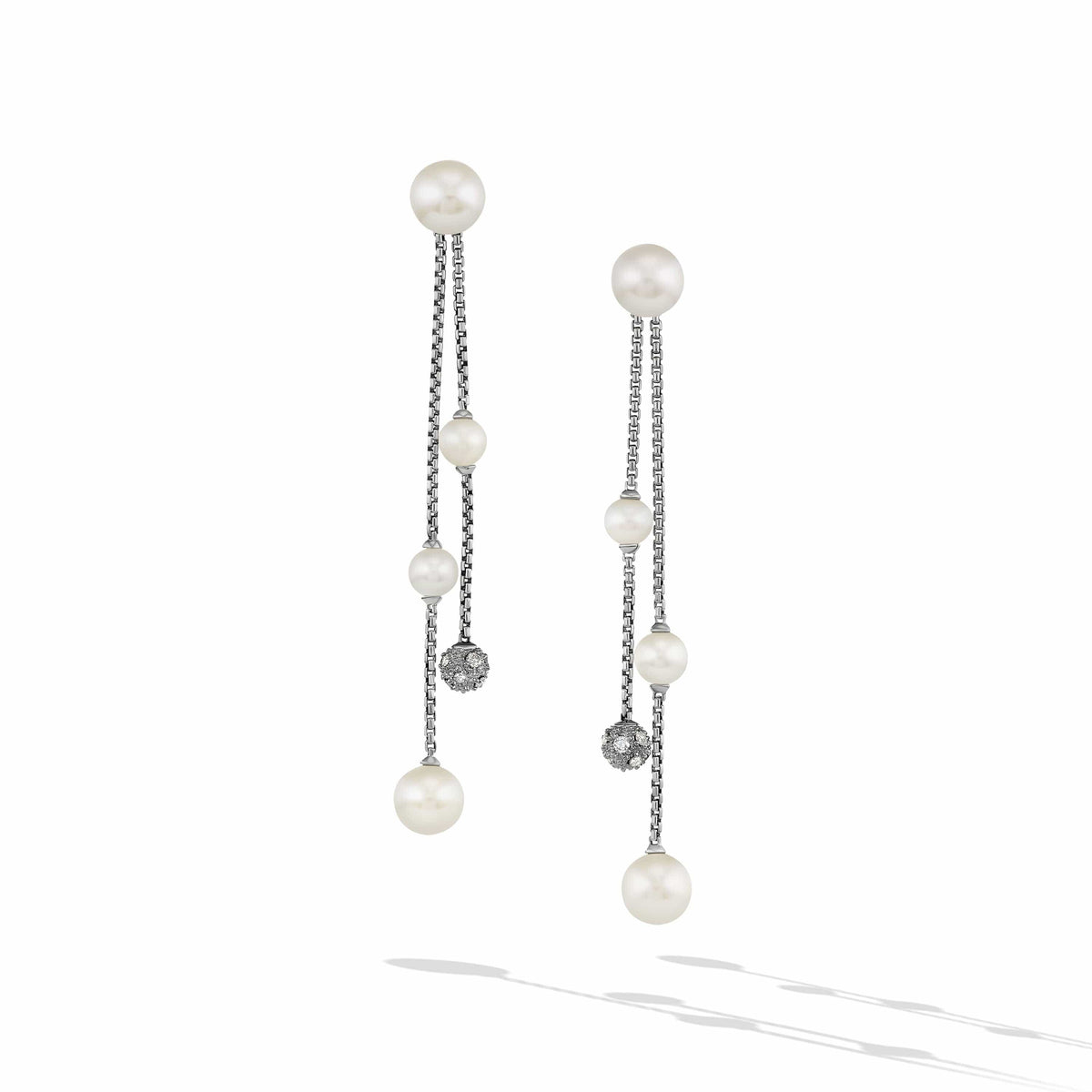 Pearl and Pavé Two Row Drop Earrings in Sterling Silver with Diamonds