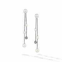 Pearl and Pavé Two Row Drop Earrings in Sterling Silver with Diamonds