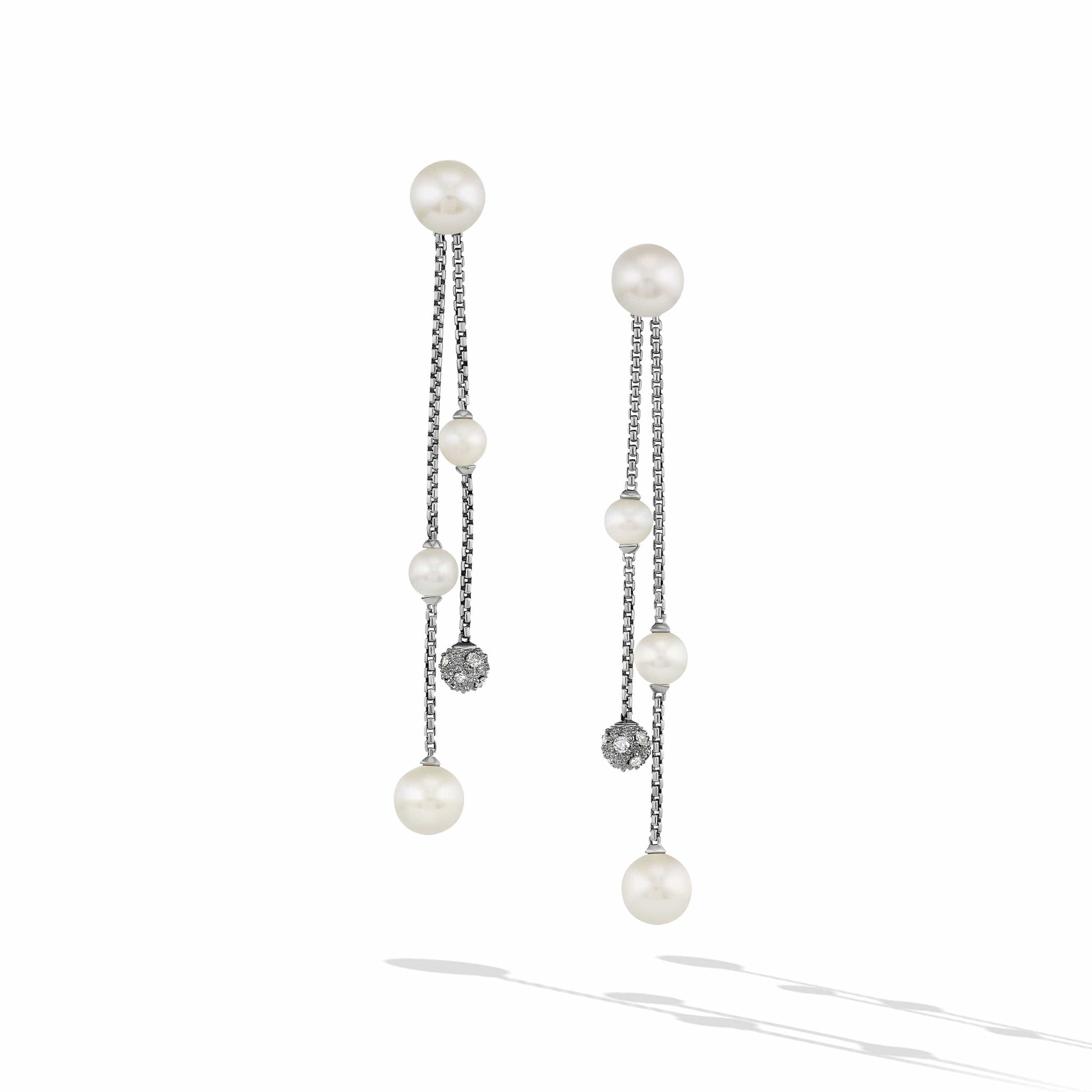 Pearl and Pavé Two Row Drop Earrings in Sterling Silver with Diamonds