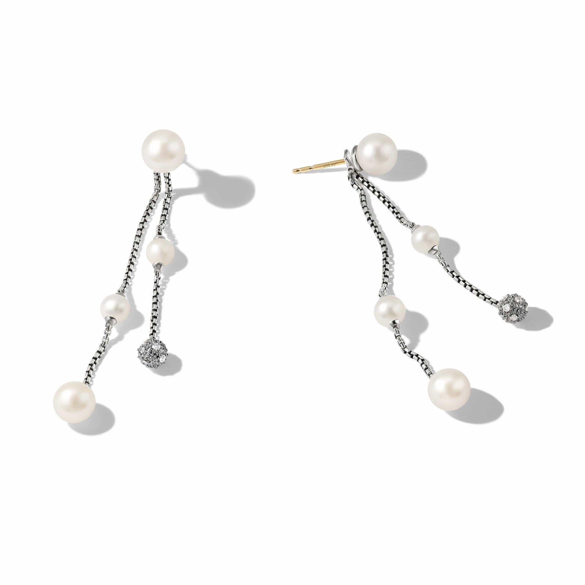 Pearl and Pavé Two Row Drop Earrings in Sterling Silver with Diamonds