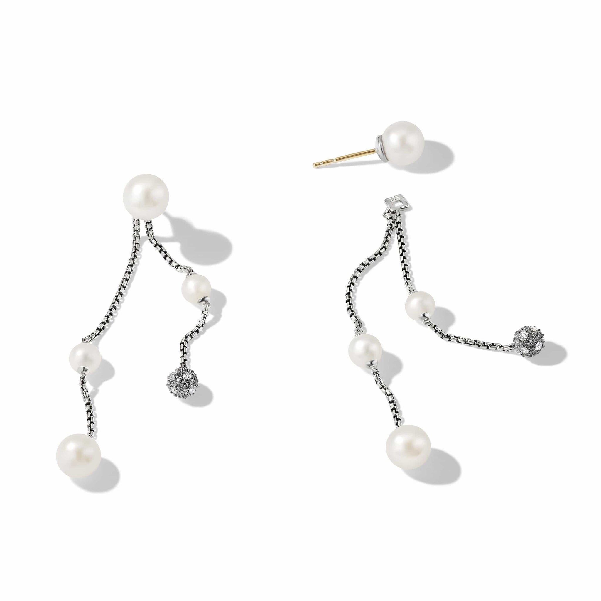 Pearl and Pavé Two Row Drop Earrings in Sterling Silver with Diamonds
