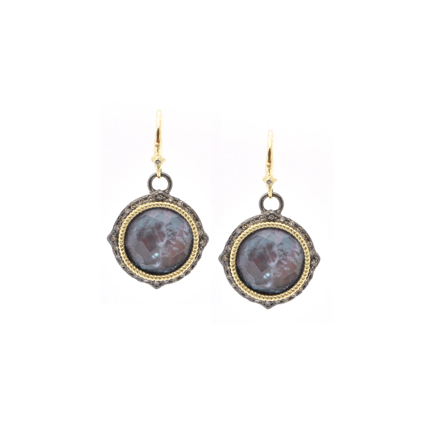 Blackened Sterling Silver and Gold White Mother of Pearl Drop Earrings, Sterling silver and 18k yellow gold', Long's Jewelers