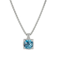 Chatelaine Pave Bezel Pendant Necklace with Hampton Blue Topaz and Diamonds, 9mm