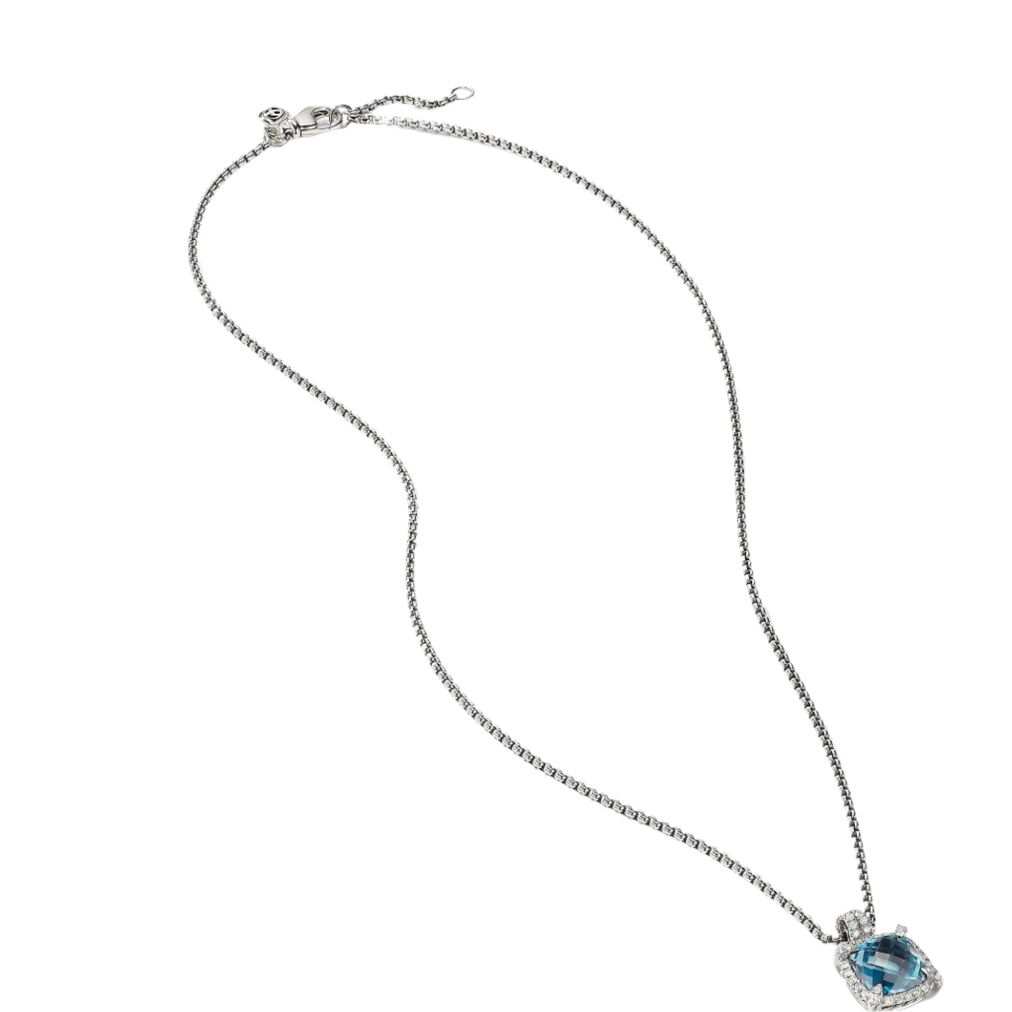 Chatelaine Pave Bezel Pendant Necklace with Hampton Blue Topaz and Diamonds, 9mm
