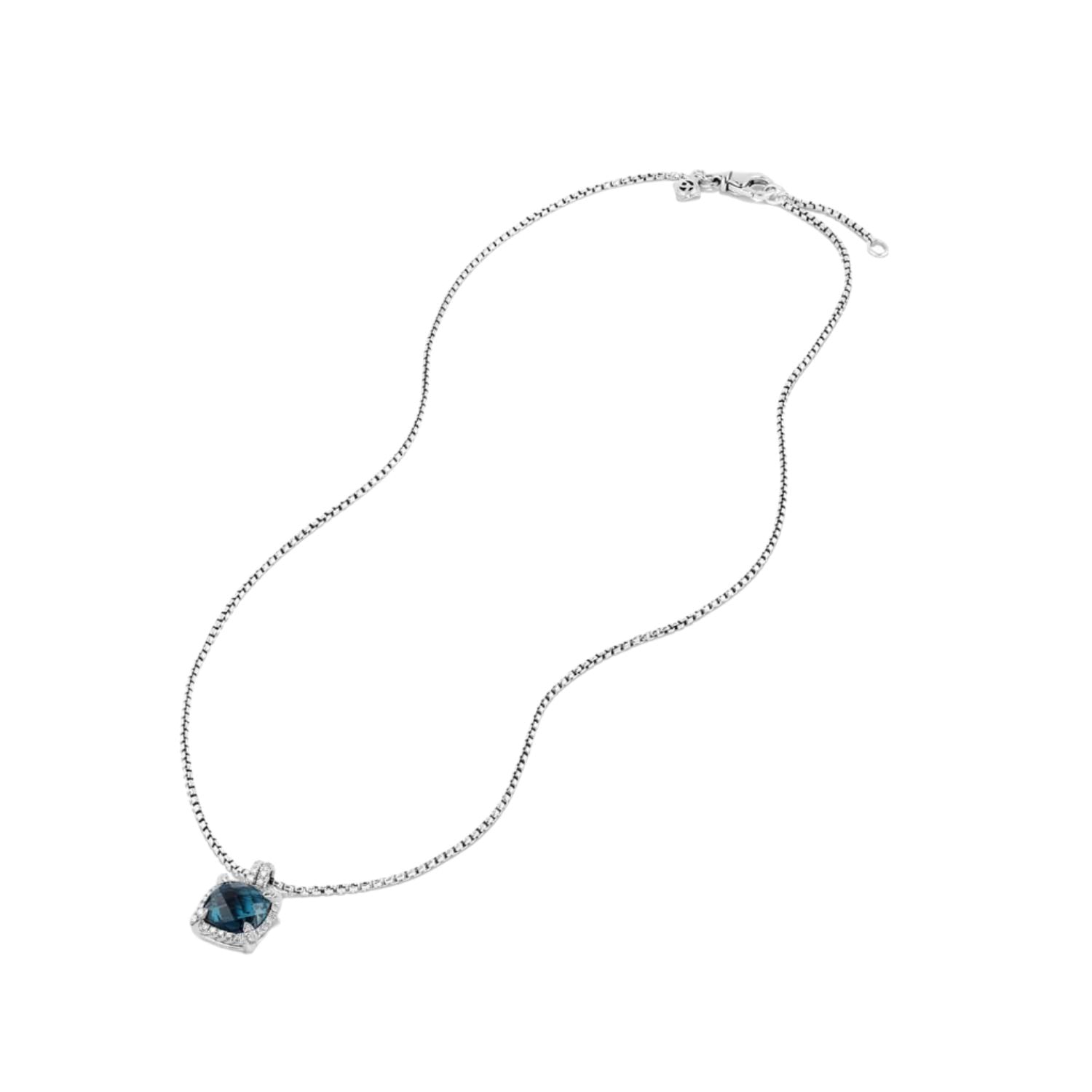 Chatelaine Pave Bezel Pendant Necklace with Hampton Blue Topaz and Diamonds, 9mm