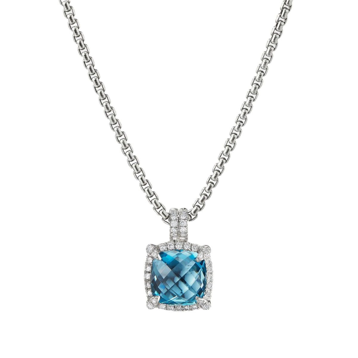 Chatelaine Pave Bezel Pendant Necklace with Hampton Blue Topaz and Diamonds, 9mm
