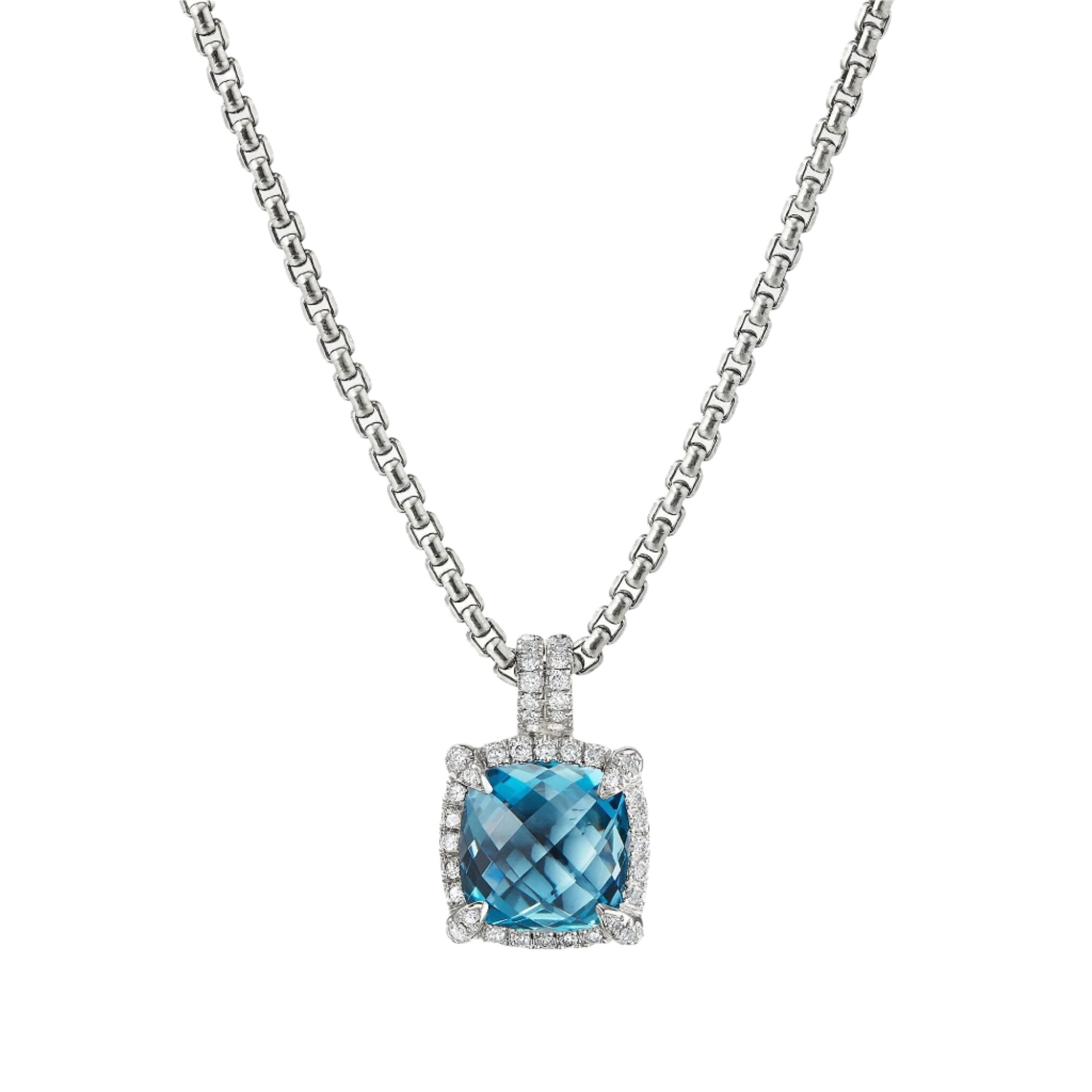 Chatelaine Pave Bezel Pendant Necklace with Hampton Blue Topaz and Diamonds, 9mm
