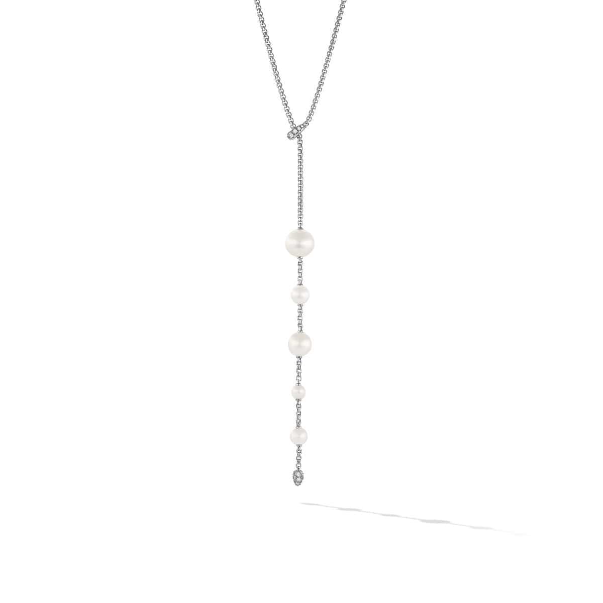 Pearl and Pavé Y Necklace in Sterling Silver with Diamonds