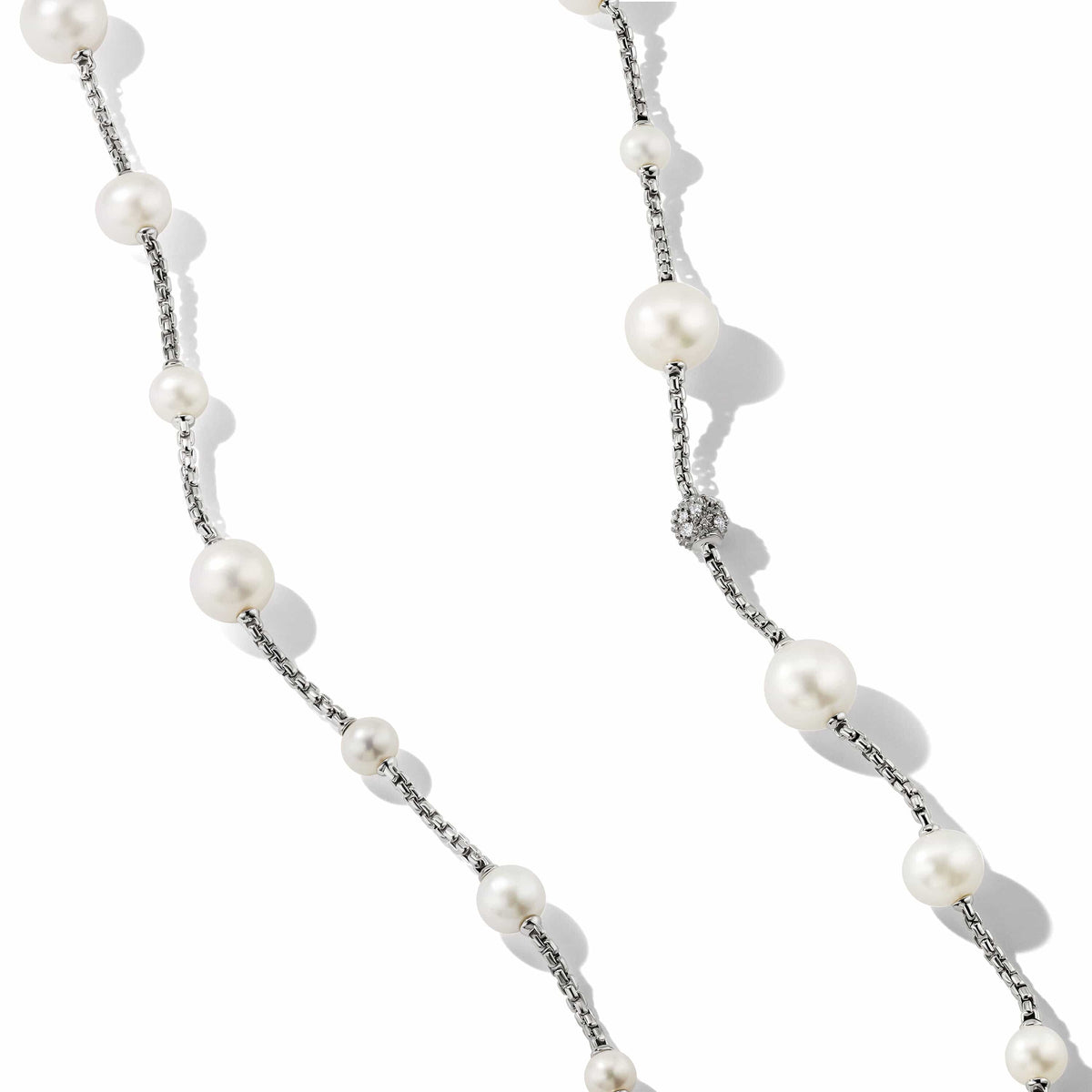 Pearl and Pavé Station Necklace in Sterling Silver with Diamonds