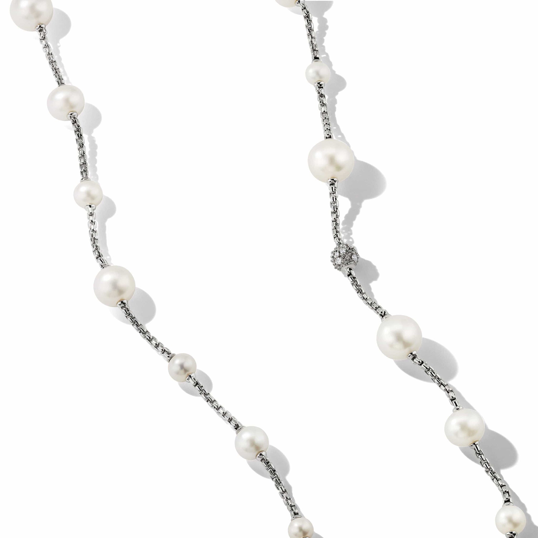 Pearl and Pavé Station Necklace in Sterling Silver with Diamonds