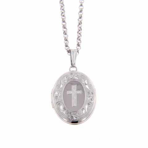 Sterling Silver Small Oval Locket with Cross