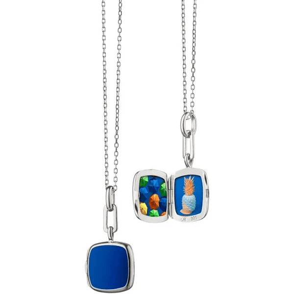 Sterling Silver Cushion Blue Enamel Locket Necklace