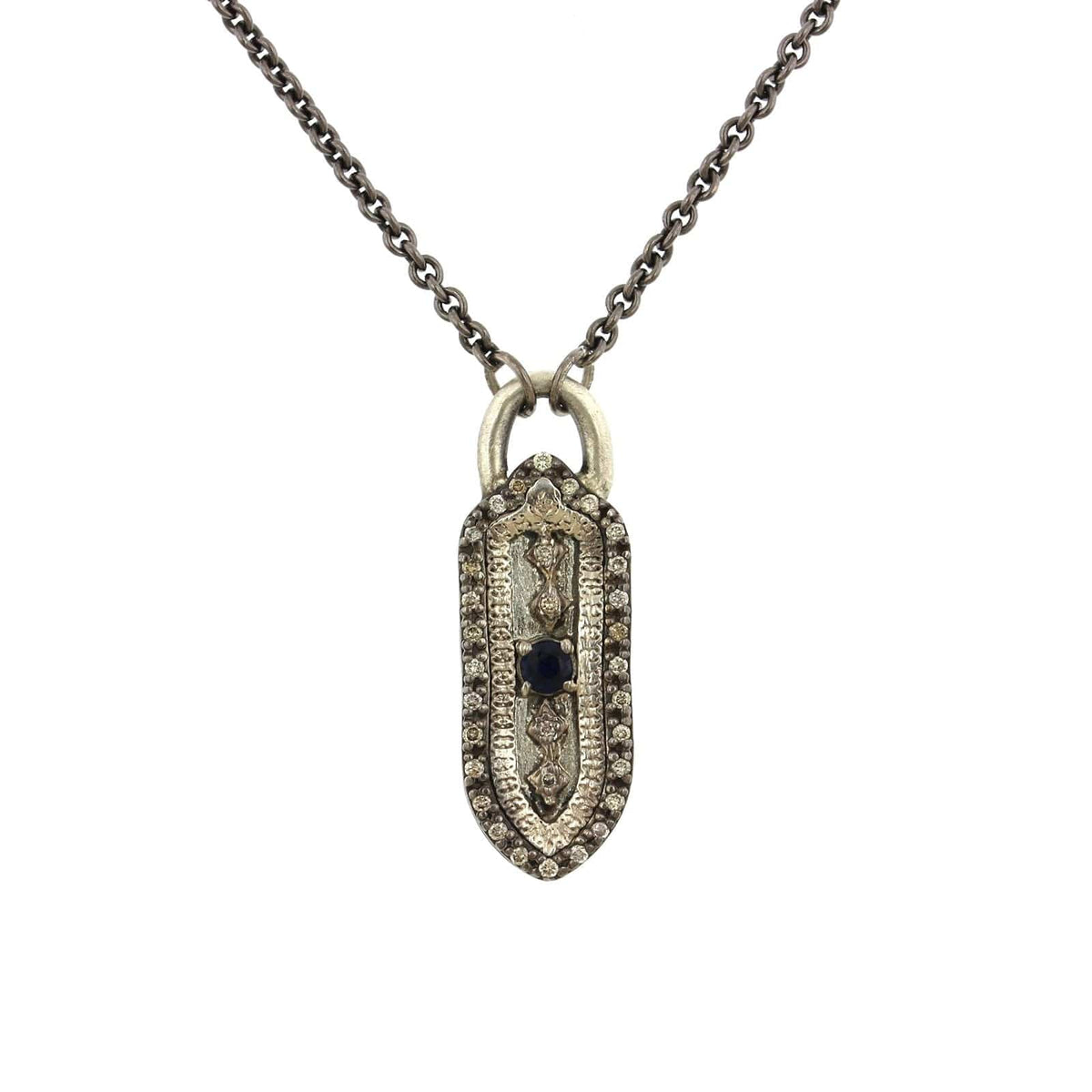 Sterling Silver Sapphire and Champagne Diamond Shield Necklace
