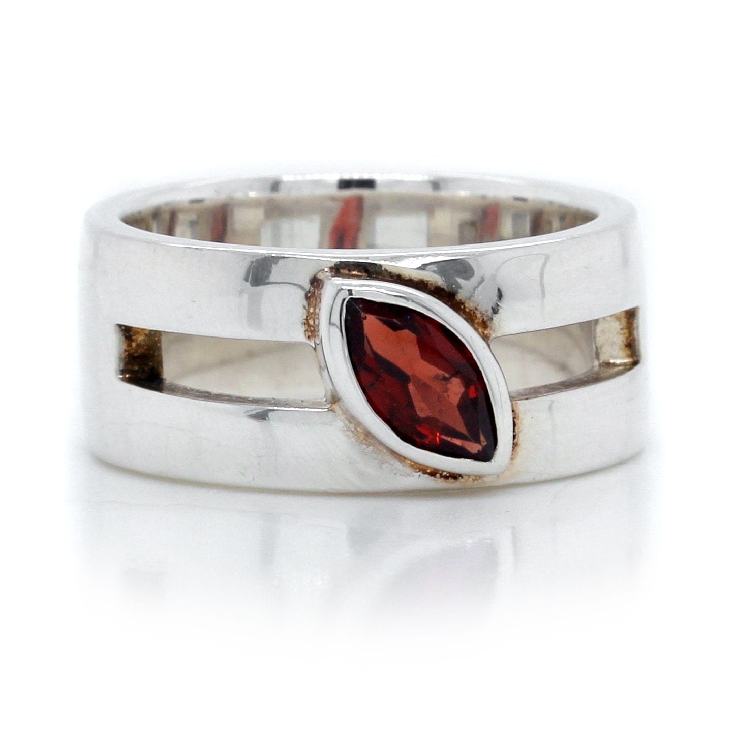 Sterling Silver Marquise Cut Garnet Wide Ring