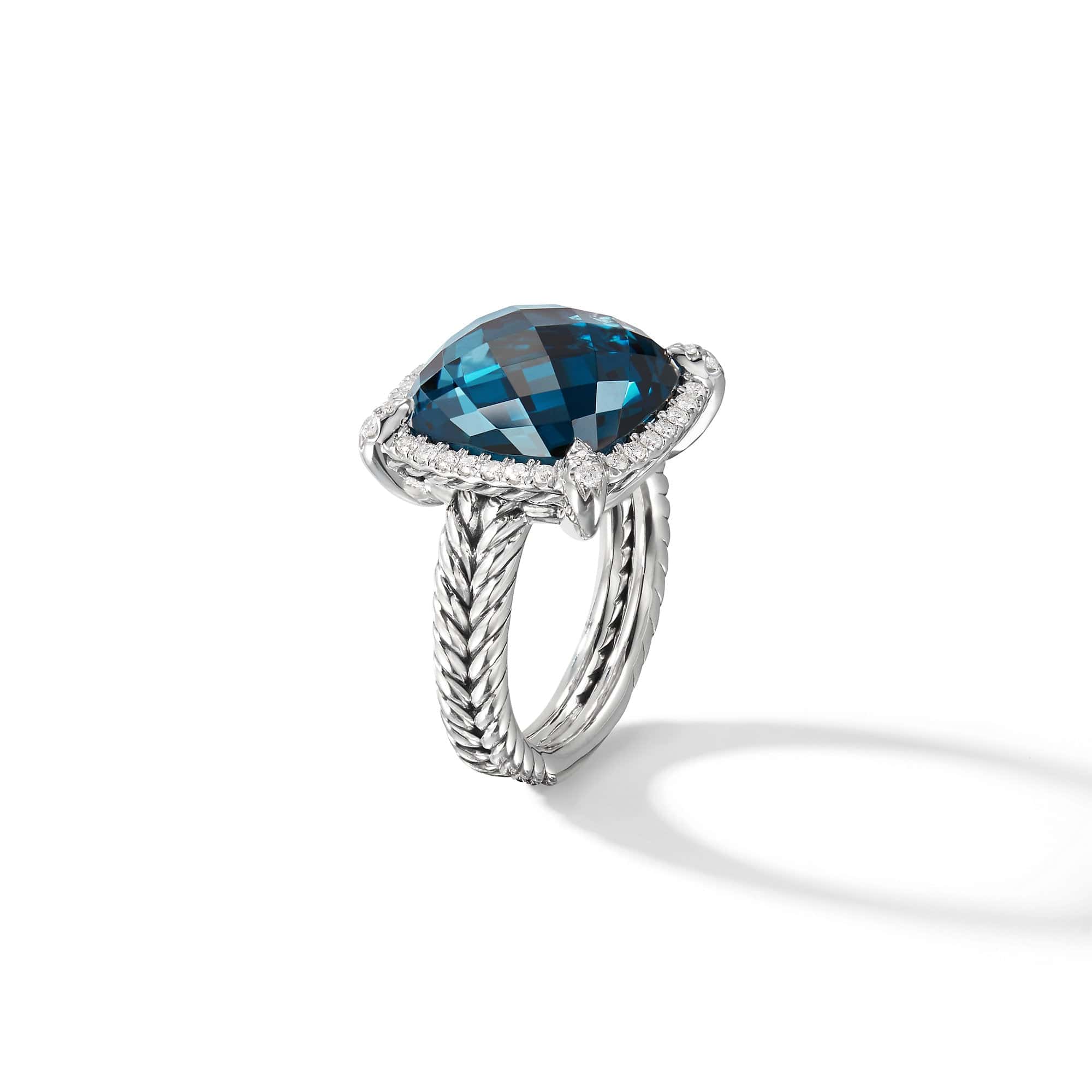 Chatelaine Pave Bezel Ring with Hampton Blue Topaz and Diamonds, 14mm, Sterling Silver, Long's Jewelers