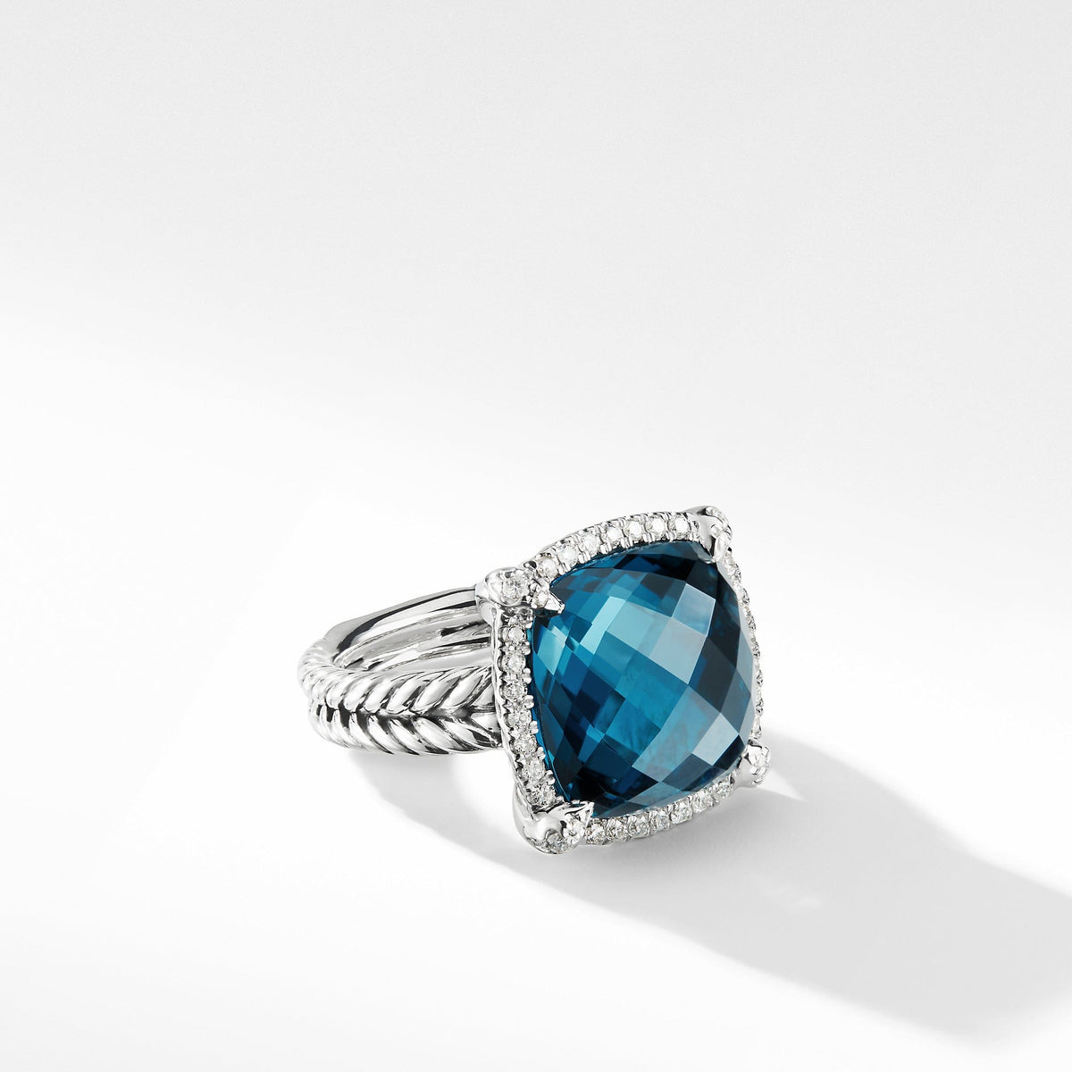 Chatelaine Pave Bezel Ring with Hampton Blue Topaz and Diamonds, 14mm, Sterling Silver, Long's Jewelers