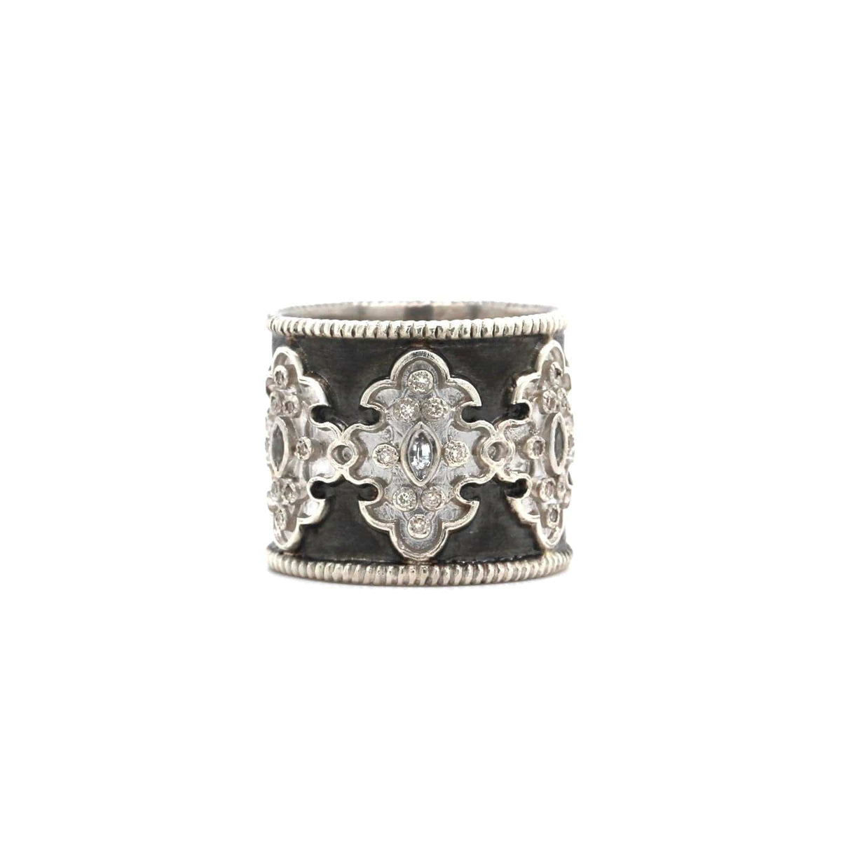 Sterling Silver Wide Diamond and Sapphire Ring