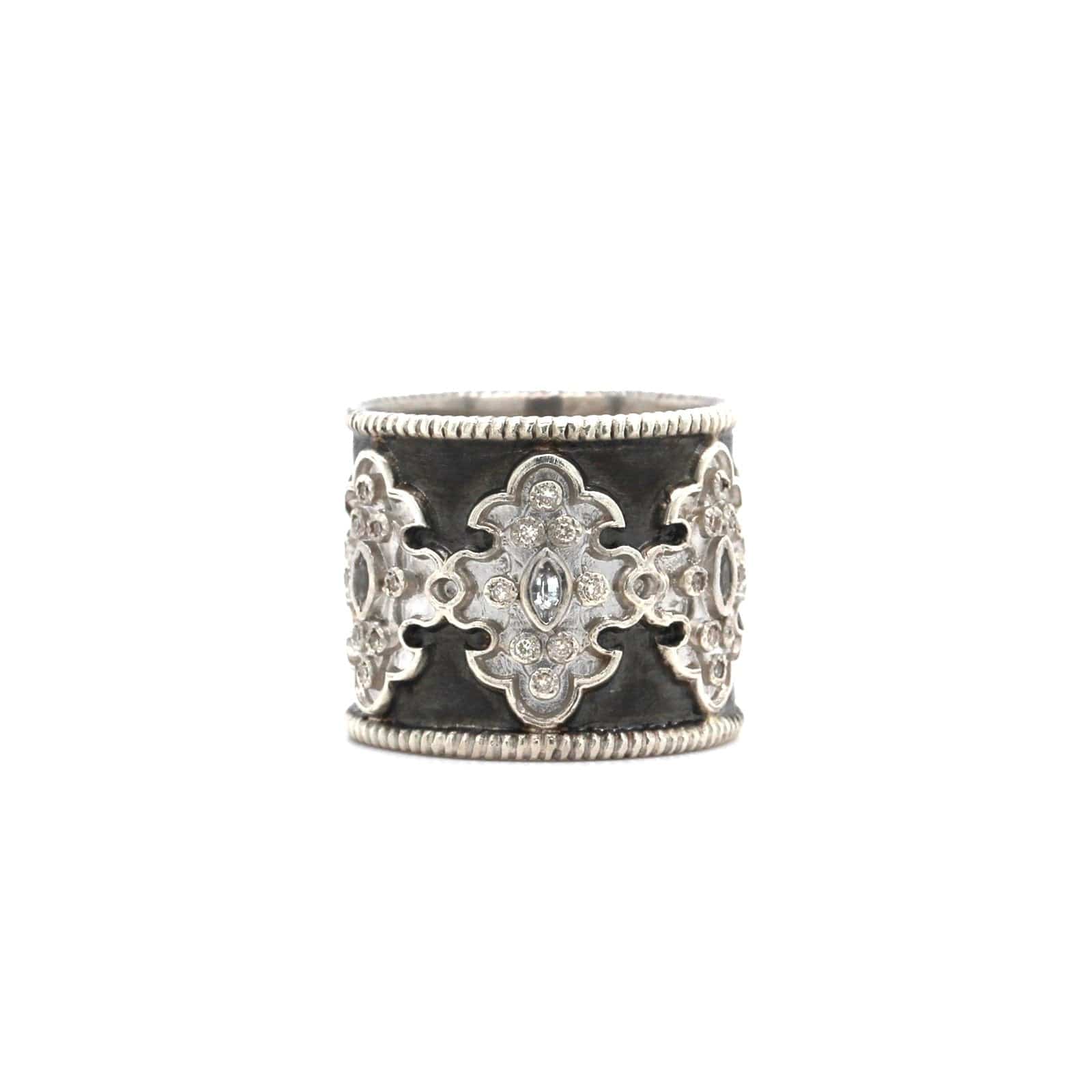 Sterling Silver Wide Diamond and Sapphire Ring