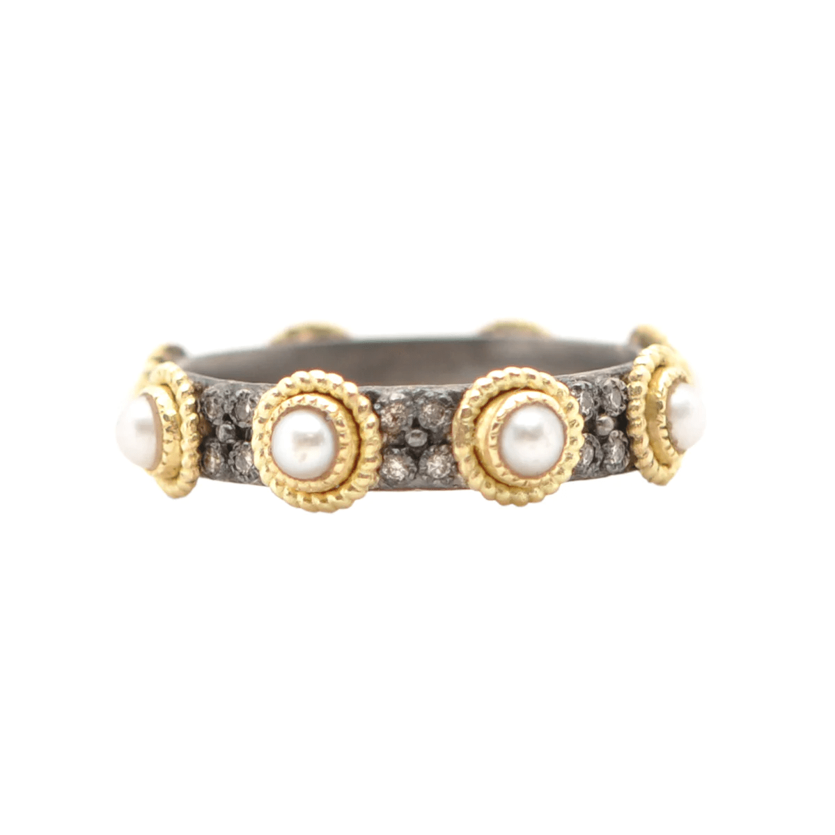 Blackened Sterling Silver and Gold Champagne Diamond and Pearl Ring, Sterling silver and 18k yellow gold', Long's Jewelers