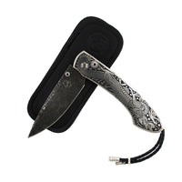 Sterling Silver Damascus Steel Sapphire Knife, Sold with leather carrying case, Long's Jewelers