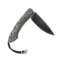 Sterling Silver Damascus Steel Sapphire Knife, Sold with leather carrying case, Long's Jewelers