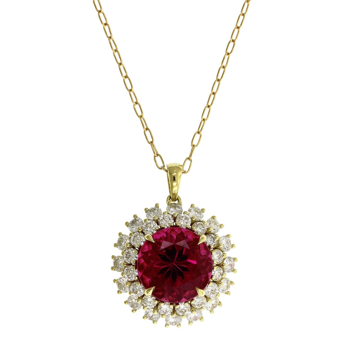 18K Yellow Gold Rubellite Tourmaline Diamond Halo Pendant, 18k yellow gold, Long's Jewelers