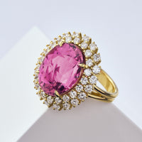 18K Yellow Gold Oval Rose Tourmaline Diamond Halo Ring