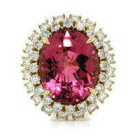 18K Yellow Gold Oval Rose Tourmaline Diamond Halo Ring