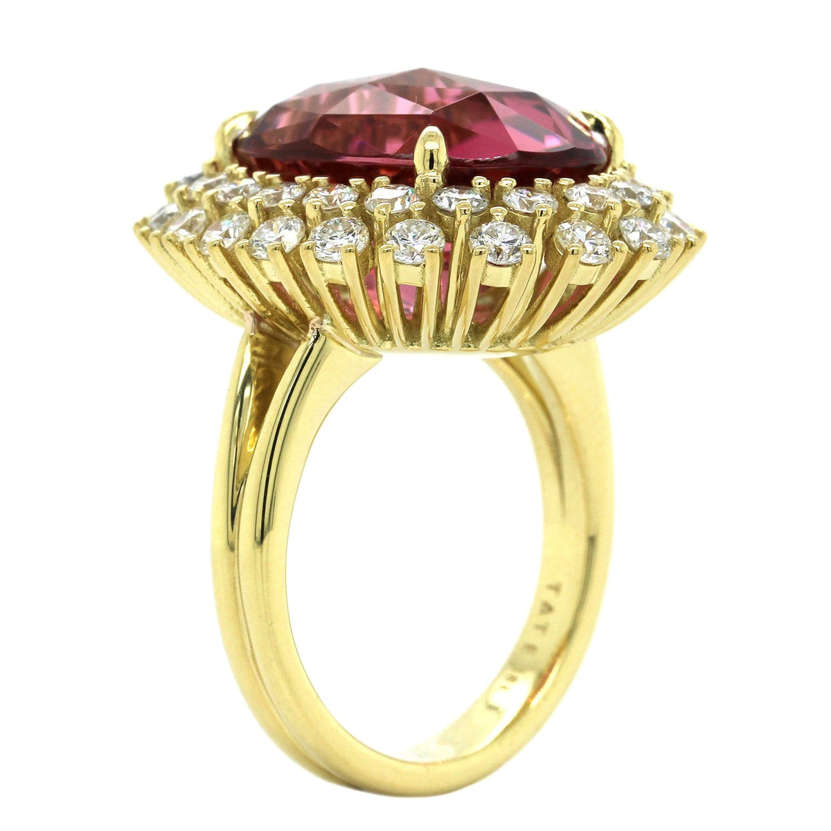 18K Yellow Gold Oval Rose Tourmaline Diamond Halo Ring