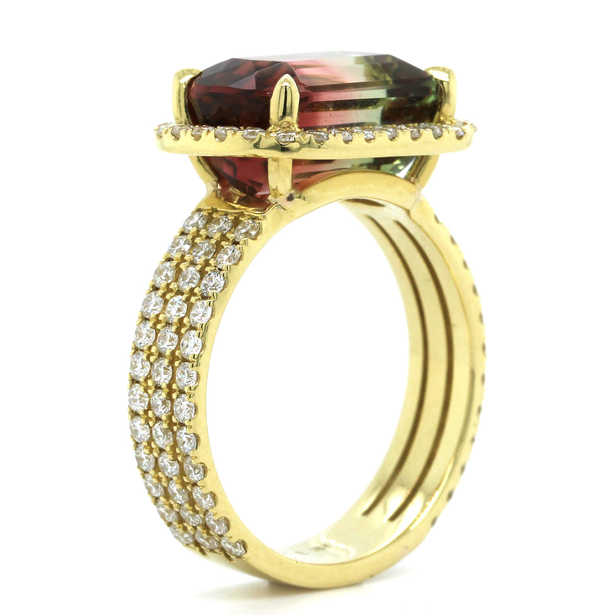 18K Yellow Gold Tri Color Tourmaline Diamond Ring