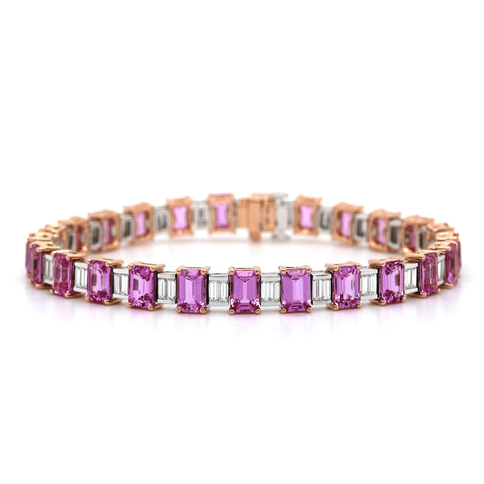 18K Rose and White Gold Emerald Pink Sapphire and Diamond Line Bracelet, 18k rose gold, Long's Jewelers