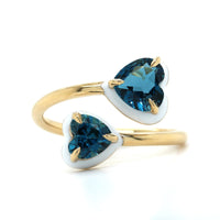 18K Yellow Gold Blue Topaz White Enamel Bypass Ring
