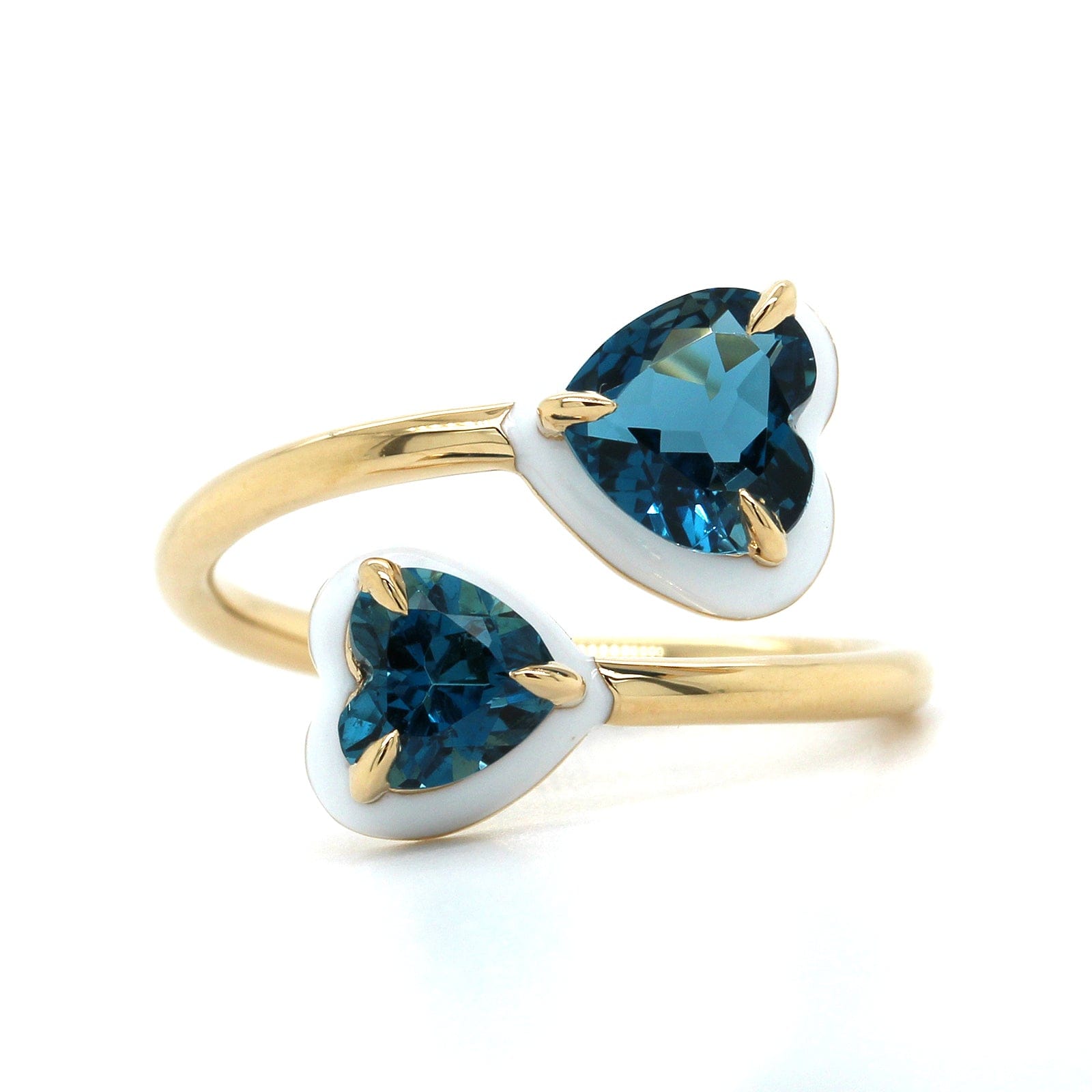 18K Yellow Gold Blue Topaz White Enamel Bypass Ring