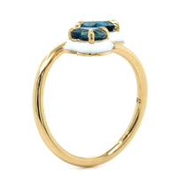 18K Yellow Gold Blue Topaz White Enamel Bypass Ring