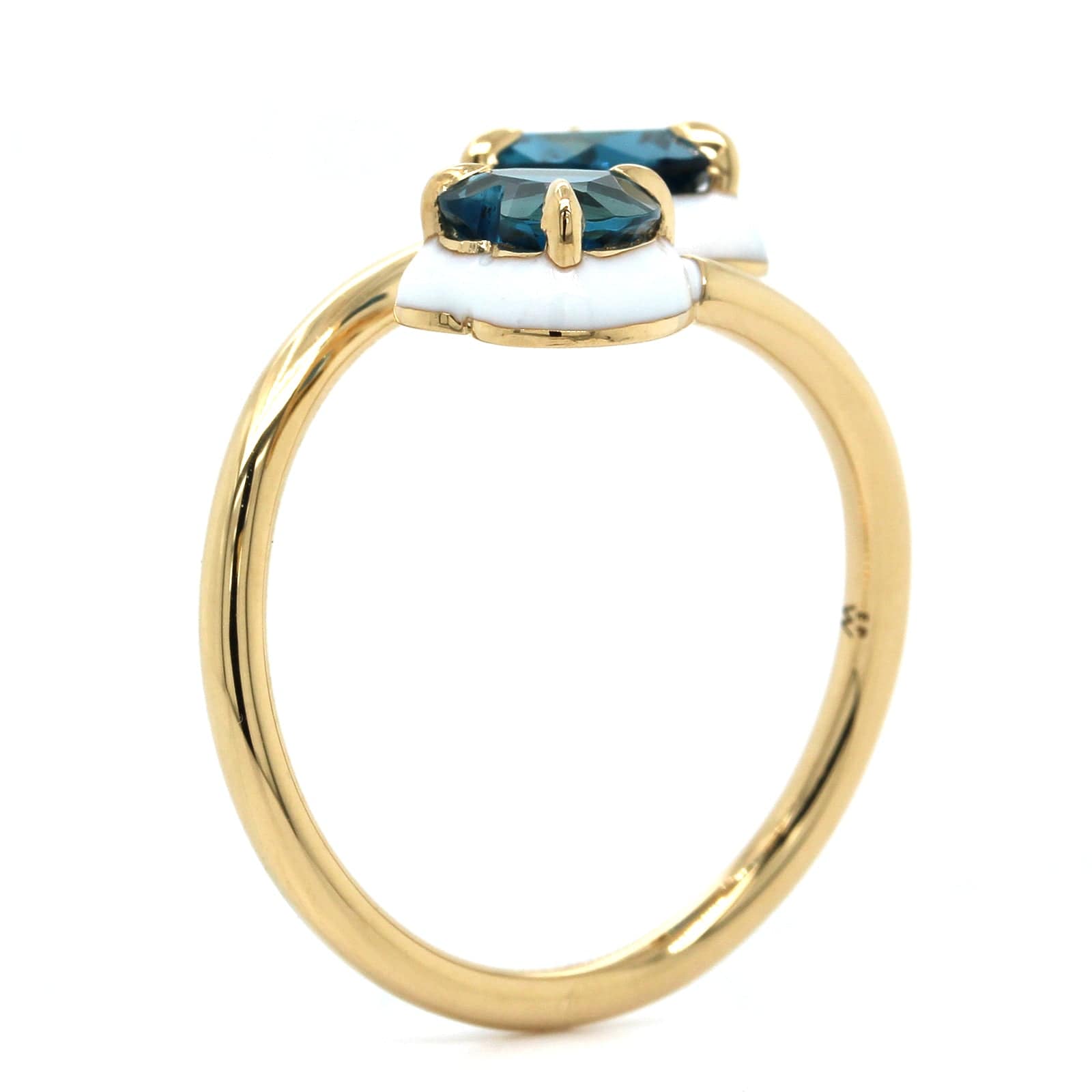 18K Yellow Gold Blue Topaz White Enamel Bypass Ring