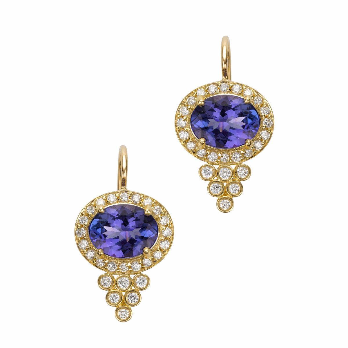 18K Yellow Gold Oval Tanzanite Diamond Halo Drop Earrings, Long's Jewelers