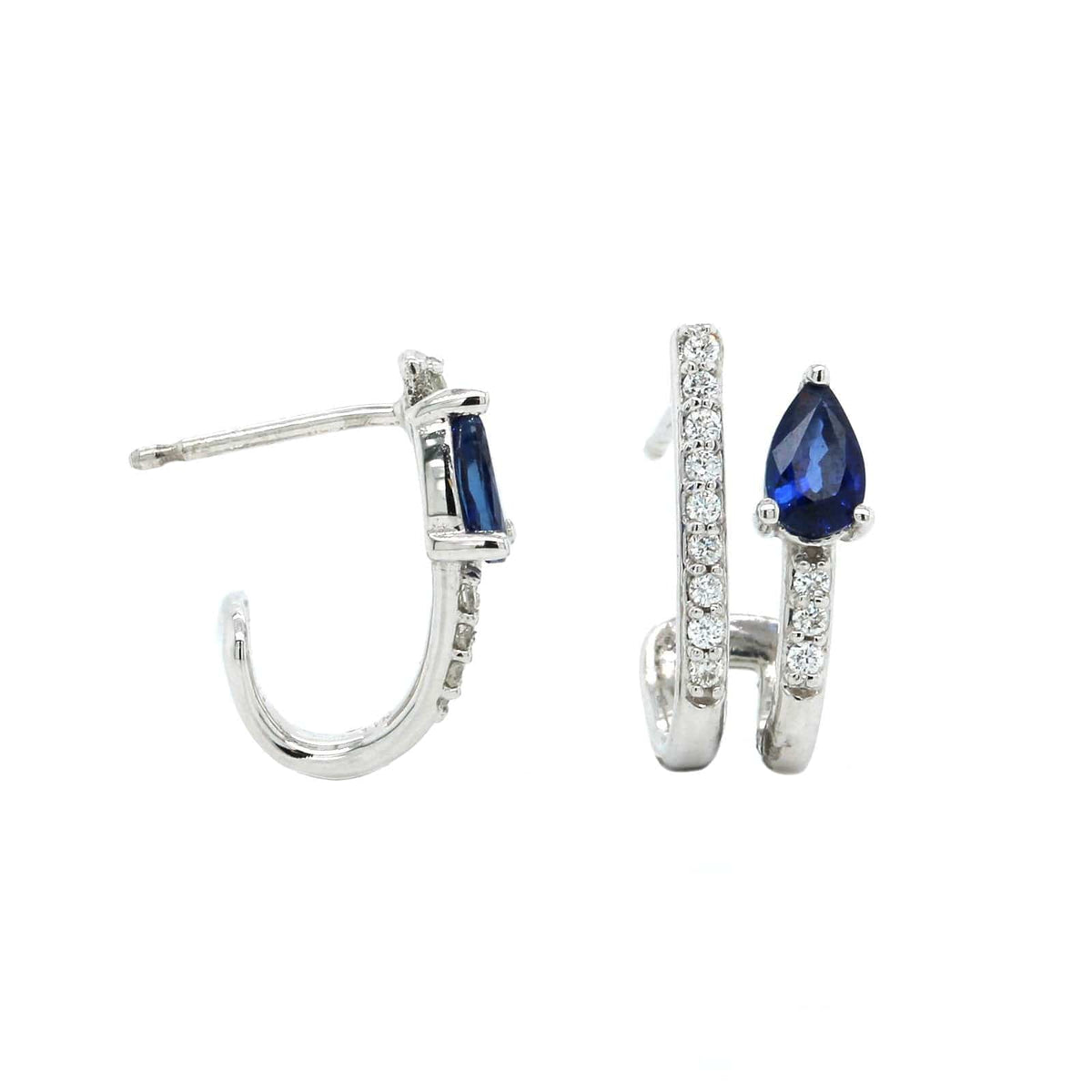 The Janet 14K White Gold 2 Row Diamond and Sapphire Huggie Earrings, 14K White Gold, Long's Jewelers