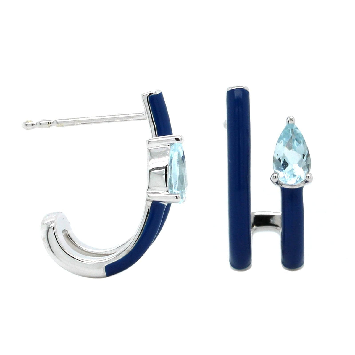 The Jenna 14K White Gold 2 Row Aquamarine with Navy Enamel Huggie Earrings, 14K White Gold, Long's Jewelers