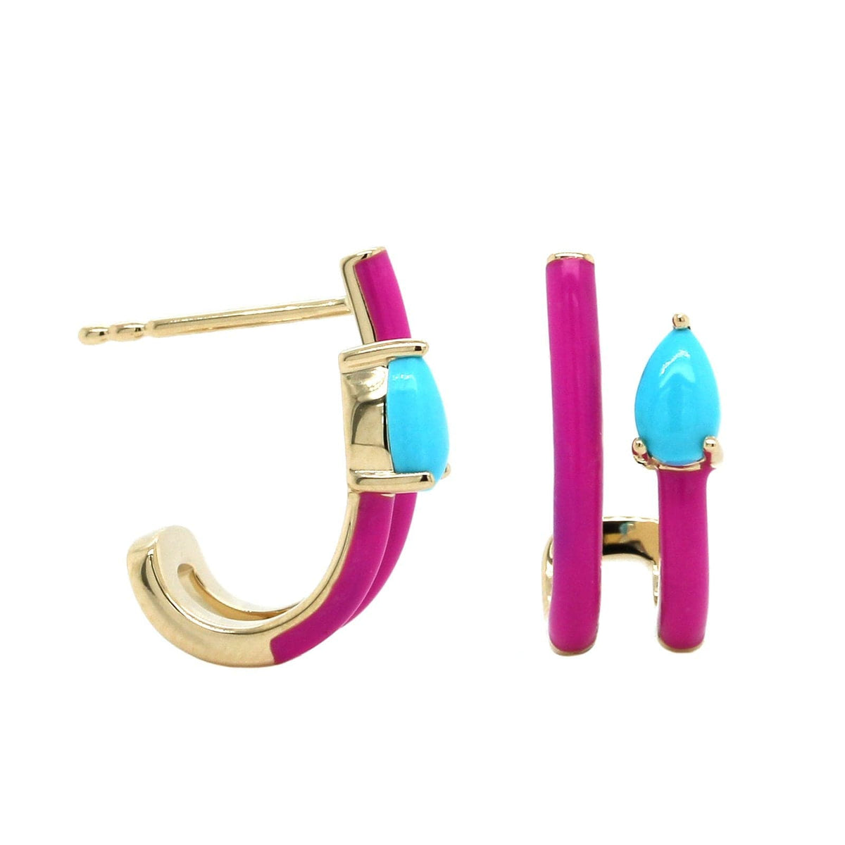 The Jenna 14K Yellow Gold 2 Row Turquoise with Neon Pink Enamel Huggie Earrings, 14K Yellow Gold, Long's Jewelers