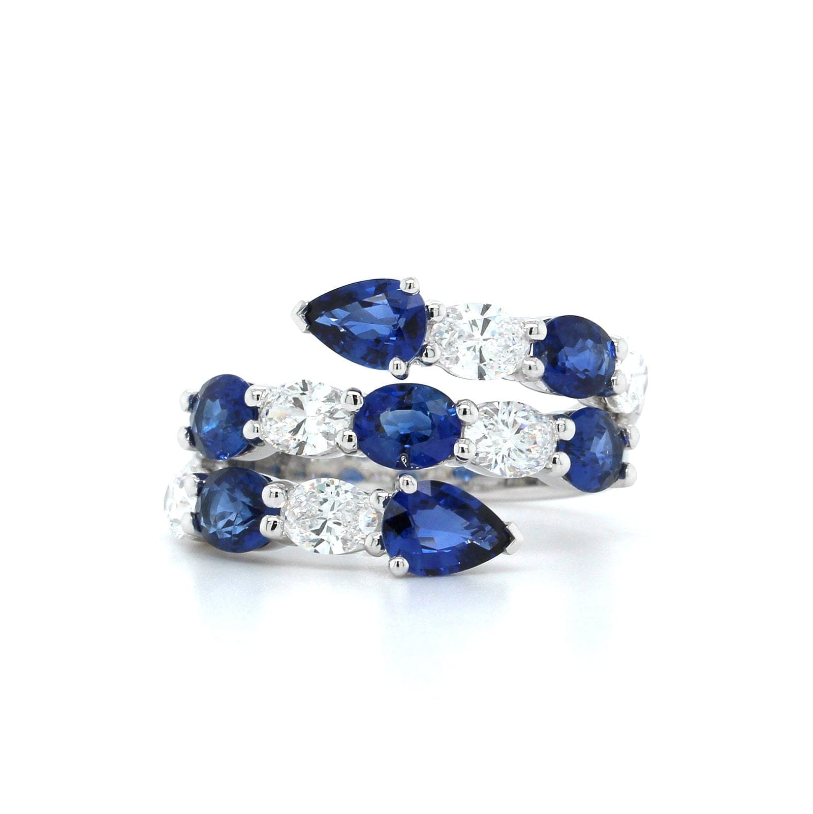 White Gold Sapphire and Diamond 3 Row Bypass Ring, white gold, Long's Jewelers