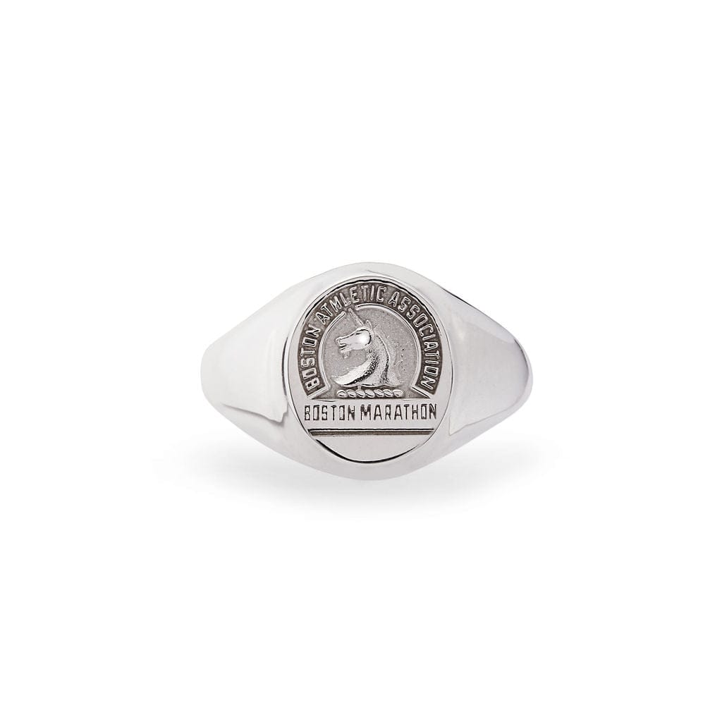 Women's Oval Sterling Silver Boston Marathon® Ring with Stylized Unicorn Logo, Silver, Long's Jewelers