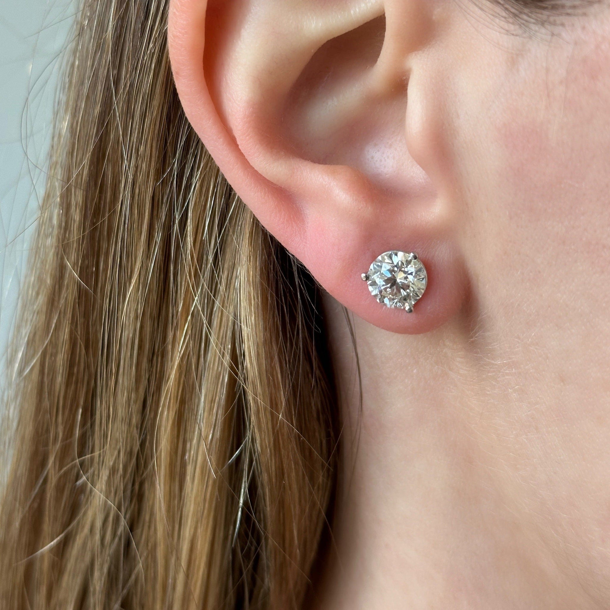 14K White Gold 3 Prong 3CTW Diamond Stud Earrings
