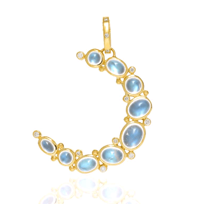 Temple St. Clair 18K Yellow Gold Large Crescent Moon Pendant with Royal Blue Moonstone and Diamond